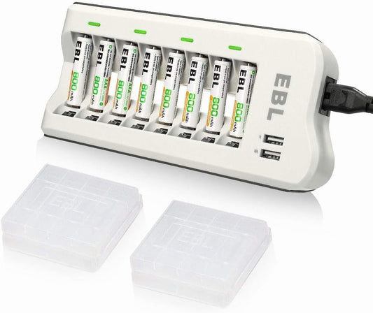 AAA Rechargeable Batteries with Battery Charger Combo - AAA Battery 8 Packs 1.2V Nimh with Smart Individual Household Battery Charger